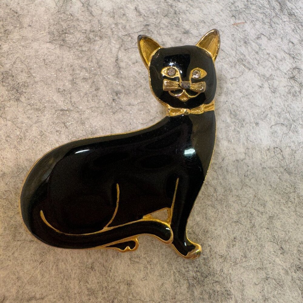 Vintage Enamel Black Cat Brooch With Rhinestone Eyes & Gold-Tone Accents
